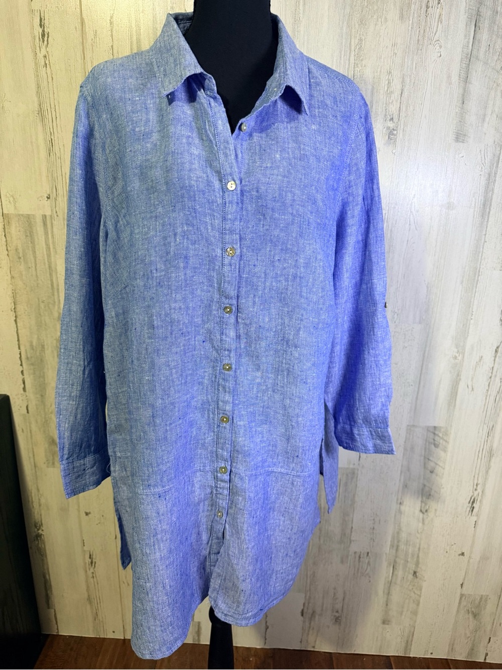 Tahari 100% Linen Blue Button Down Tunic Shirt Plus Size 1X Coastal Relaxed
